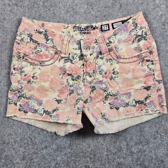 Miss Me Pants - Miss Me Rose Print Floral Cargo Shorts Size 27 Pink Purple CP4021H1 Frayed Hem